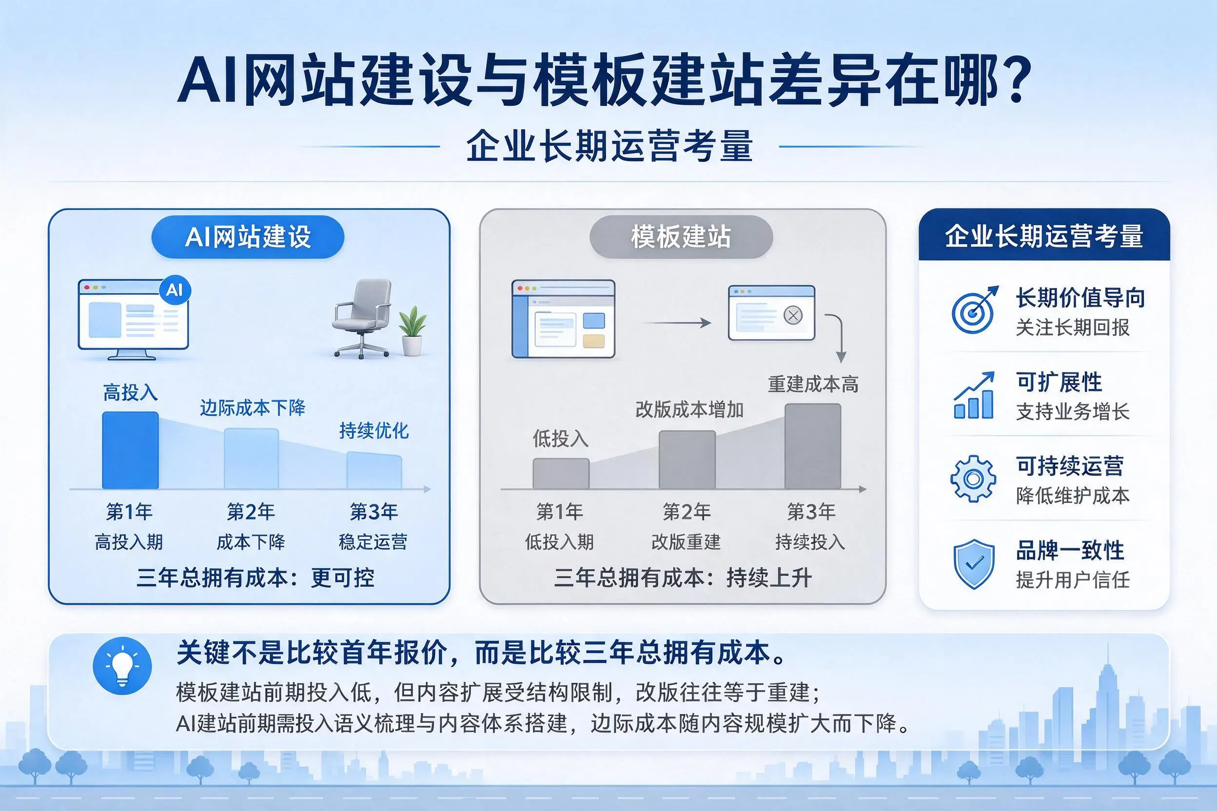 AI网站建设与模板建站差异在哪？崇左企业长期运营考量